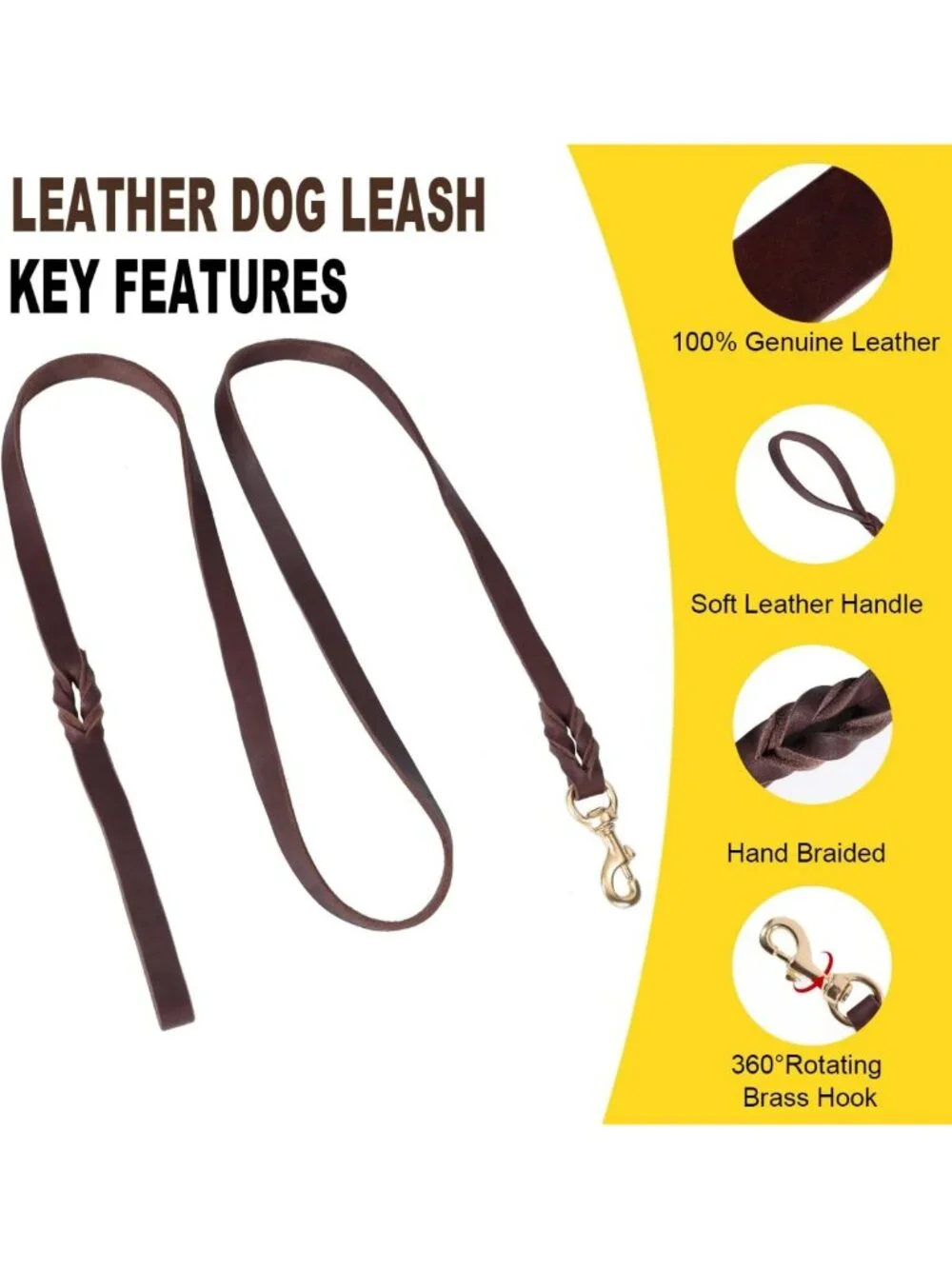 5FT Heavy Duty Leather Dog Collar & Leash Set, Adjustable Soft Pet Lead for